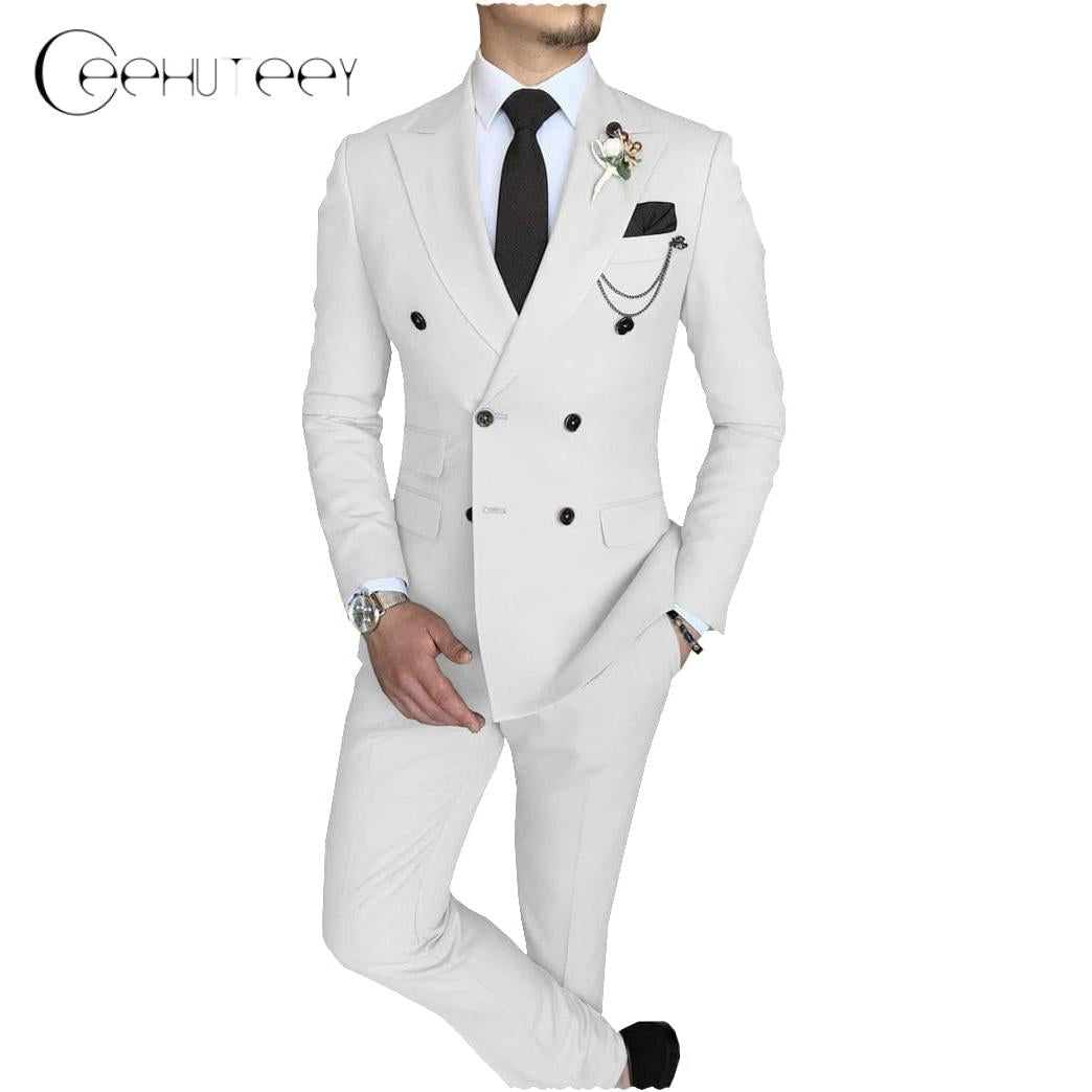 ceehuteey Mens 2 Piece Suit Slim Fit Double Breasted Peak Lapel Mens Coat (Blazer+Pants)