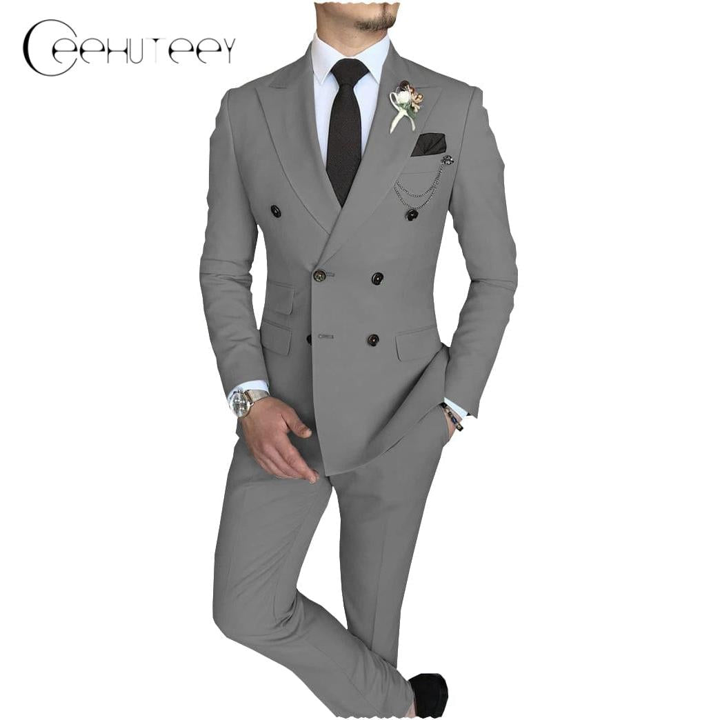 ceehuteey Mens 2 Piece Suit Slim Fit Double Breasted Peak Lapel Mens Coat (Blazer+Pants)