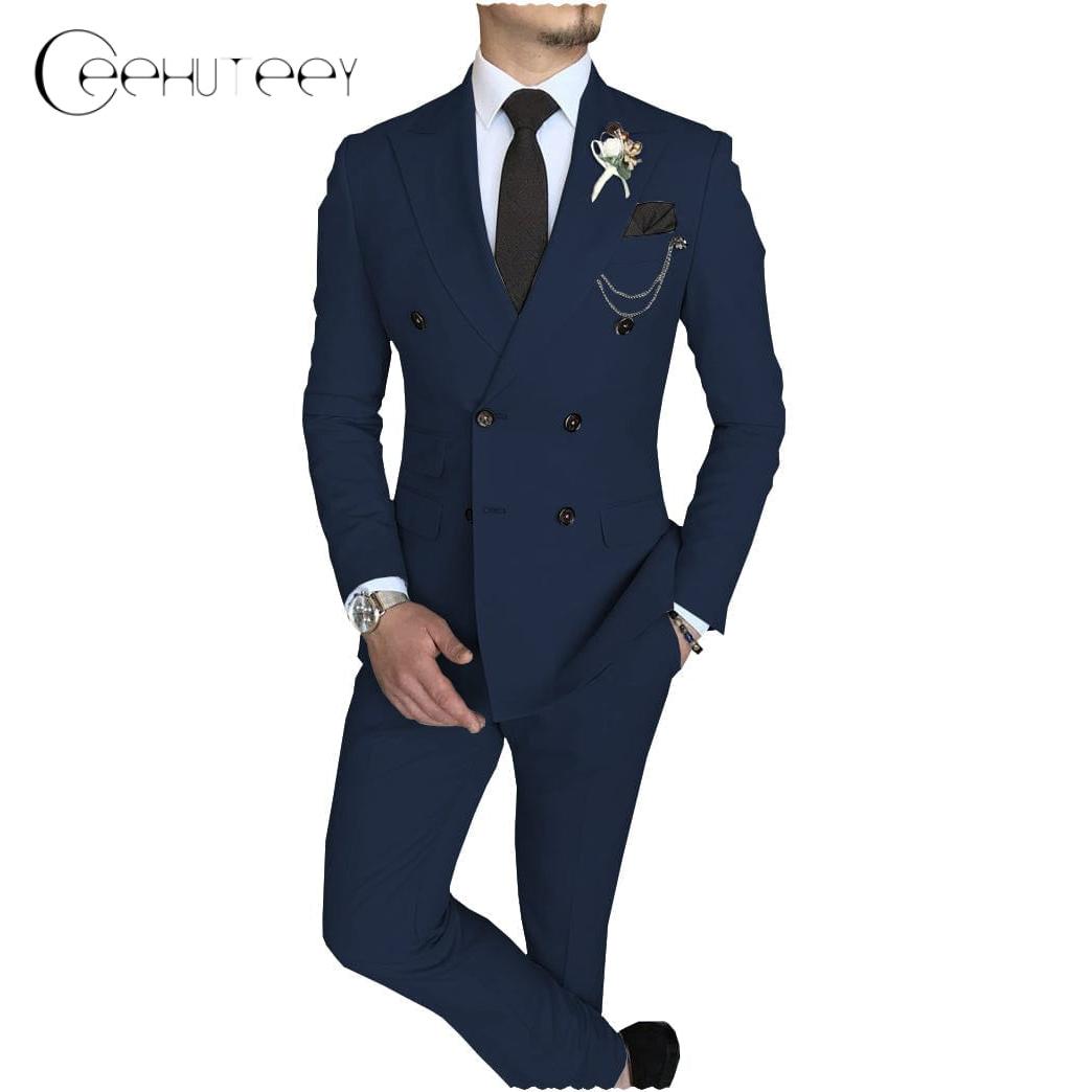 ceehuteey Mens 2 Piece Suit Slim Fit Double Breasted Peak Lapel Mens Coat (Blazer+Pants)