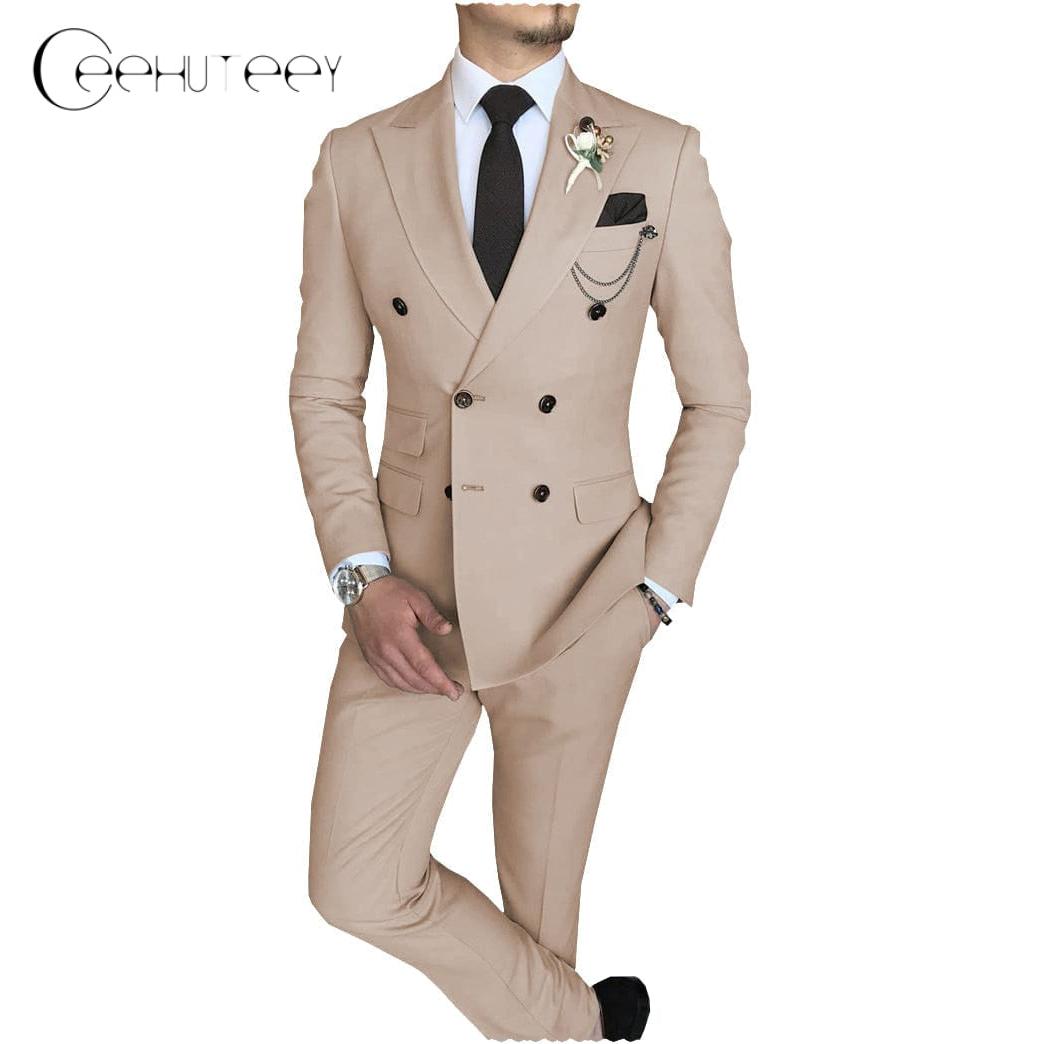 ceehuteey Mens 2 Piece Suit Slim Fit Double Breasted Peak Lapel Mens Coat (Blazer+Pants)