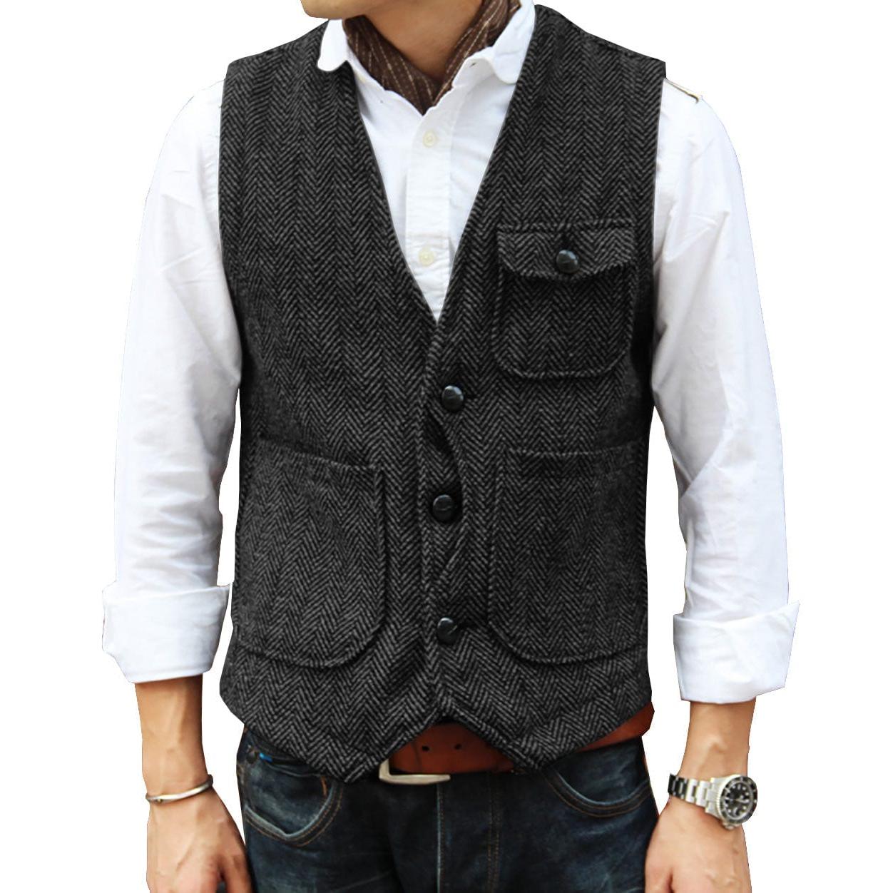 ceehuteey Mens Causual V Neck Tweed Herringbone Waistcoat