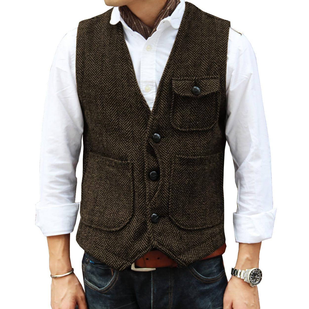 ceehuteey Mens Causual V Neck Tweed Herringbone Waistcoat
