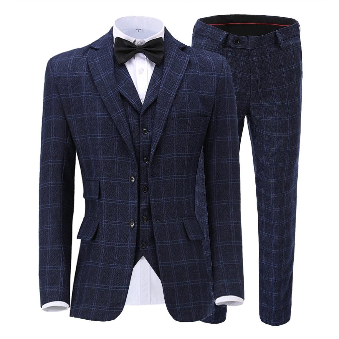ceehuteey Mens Plaid 3 Piece Suits Slim Fit Double Breasted Plaid(Blazer+vest+Pants)