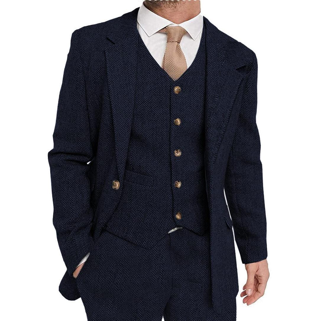 ceehuteey Mens Tweed Herringbone Suits 3 Piece Suits Formal Regular Fit Wedding Groom Suits