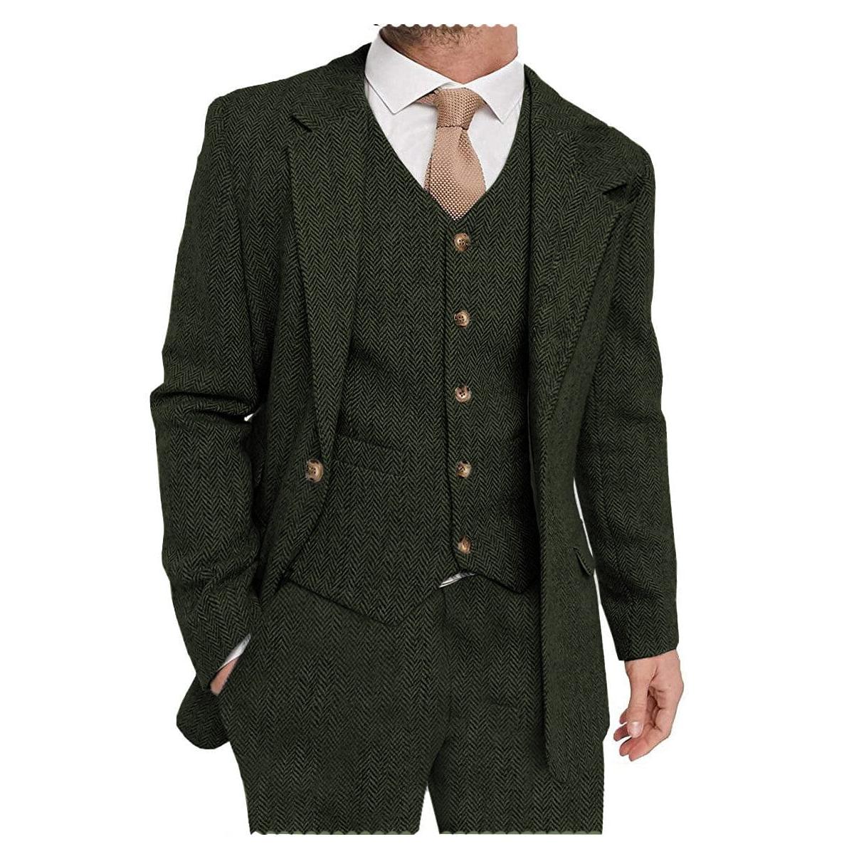 ceehuteey Mens Tweed Herringbone Suits 3 Piece Suits Formal Regular Fit Wedding Groom Suits