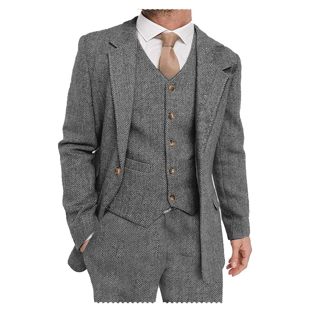 ceehuteey Mens Tweed Herringbone Suits 3 Piece Suits Formal Regular Fit Wedding Groom Suits