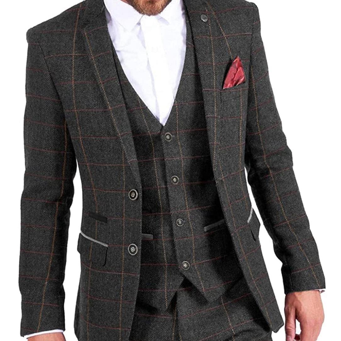 ceehuteey Vintage Classic Men's 3 Pieces Plaid Notch Lapel Suit (Blazer+vest+Pants)