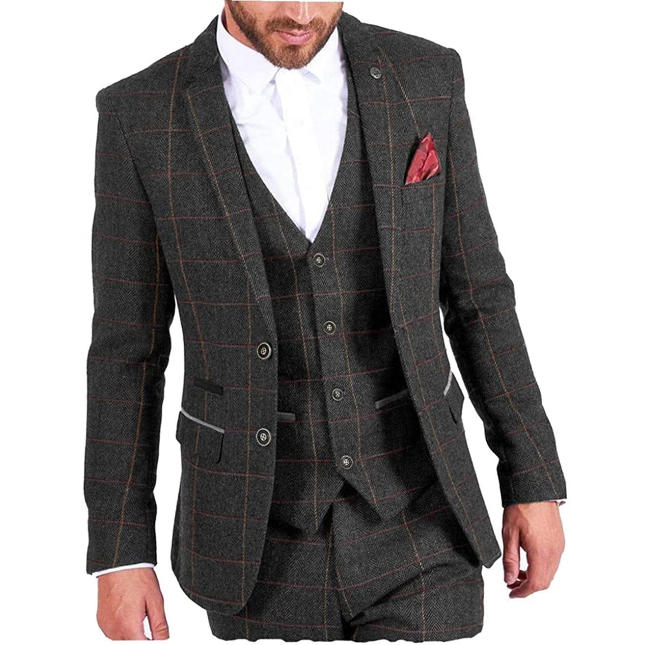 ceehuteey Vintage Classic Men's 3 Pieces Plaid Notch Lapel Suit (Blazer+vest+Pants)