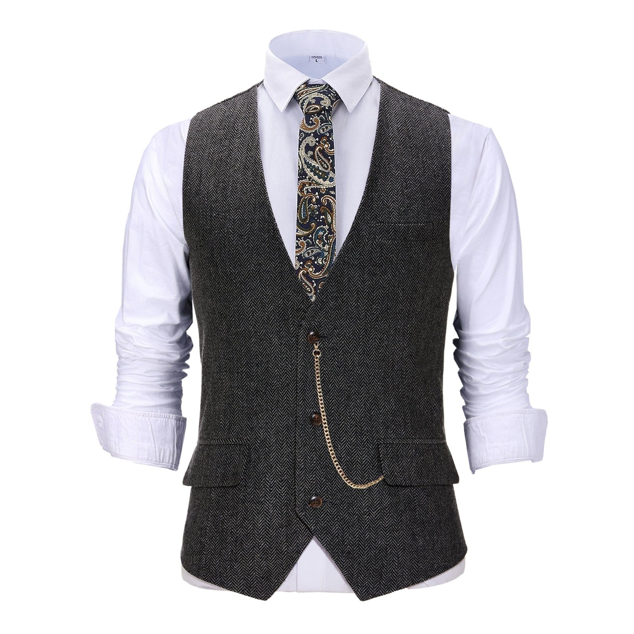 ceehuteey Vintage Men's Slim Fit Herringbone V Neck Waistcoat