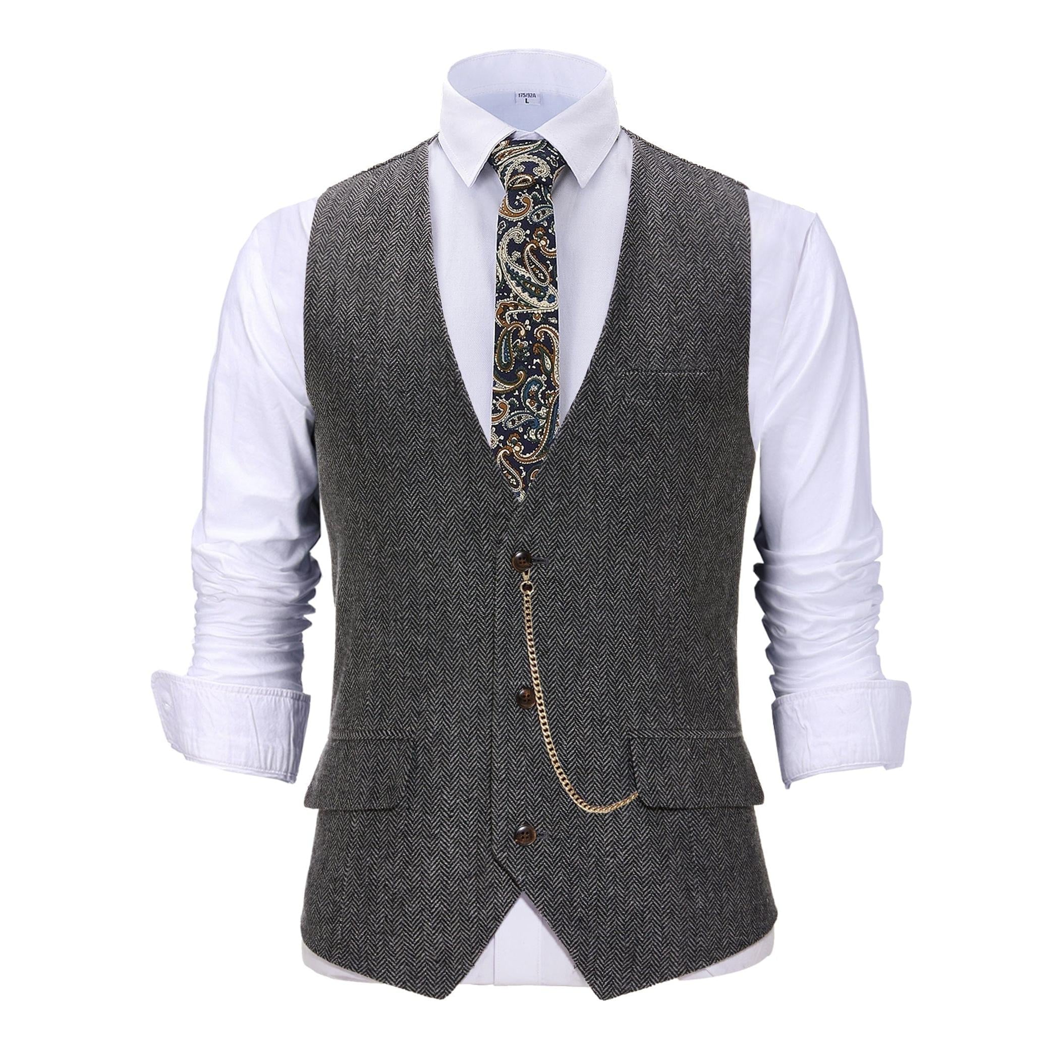 ceehuteey Vintage Men's Slim Fit Herringbone V Neck Waistcoat