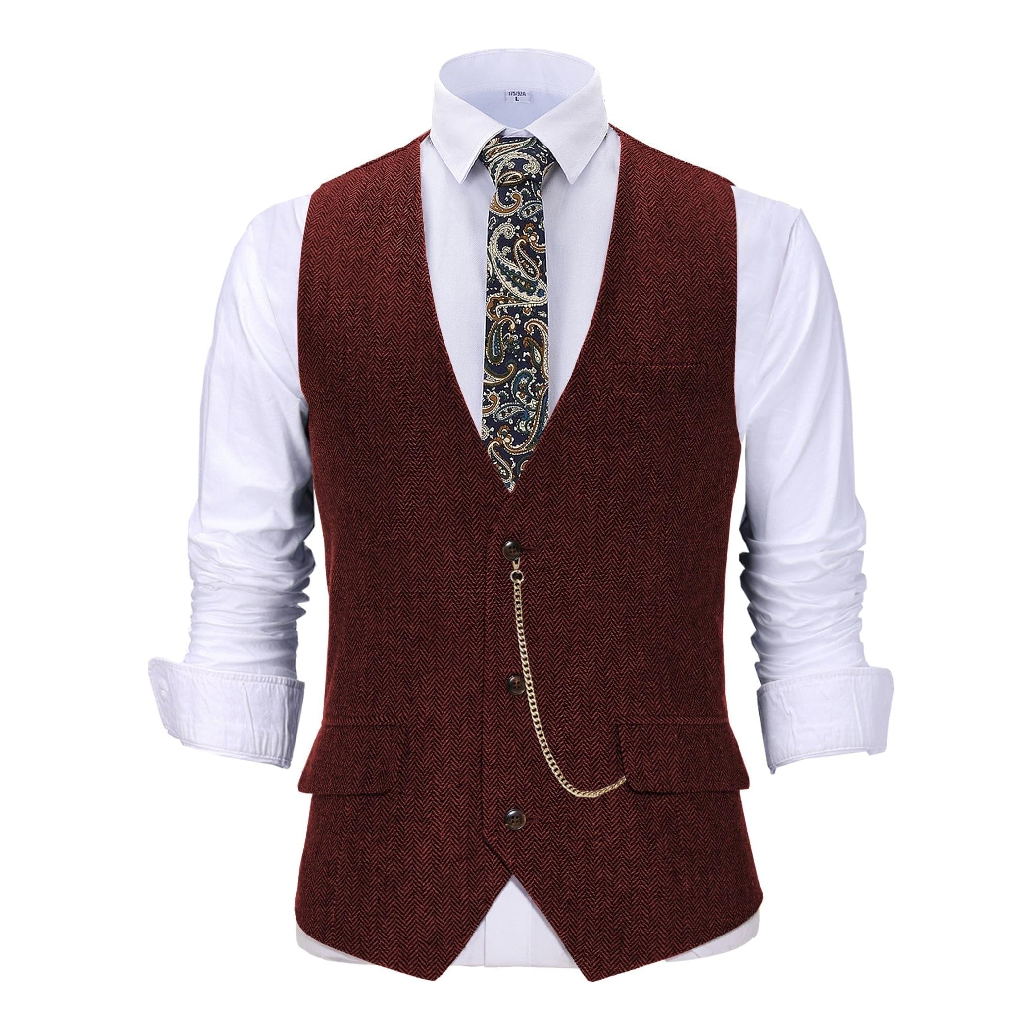 ceehuteey Vintage Men's Slim Fit Herringbone V Neck Waistcoat