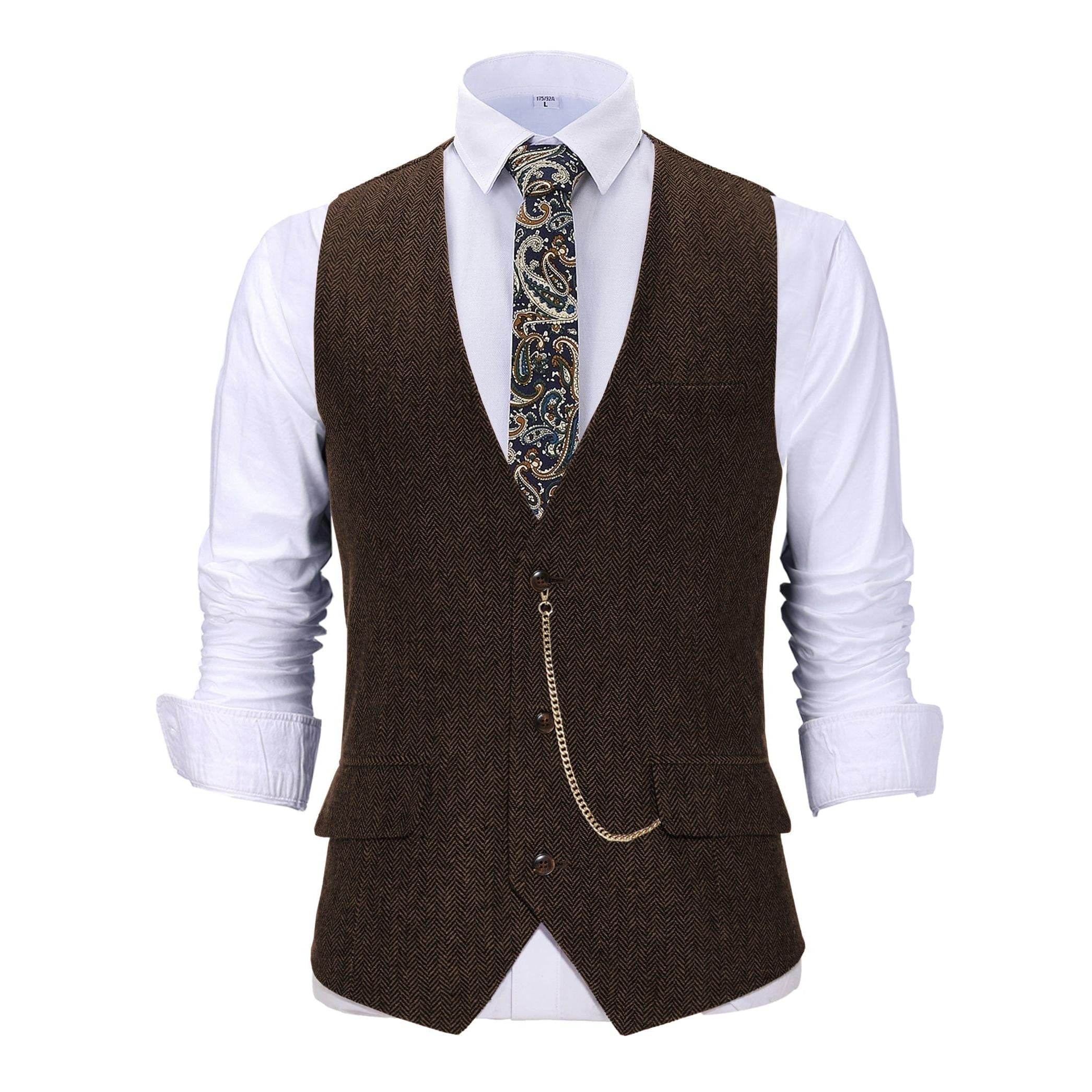 ceehuteey Vintage Men's Slim Fit Herringbone V Neck Waistcoat
