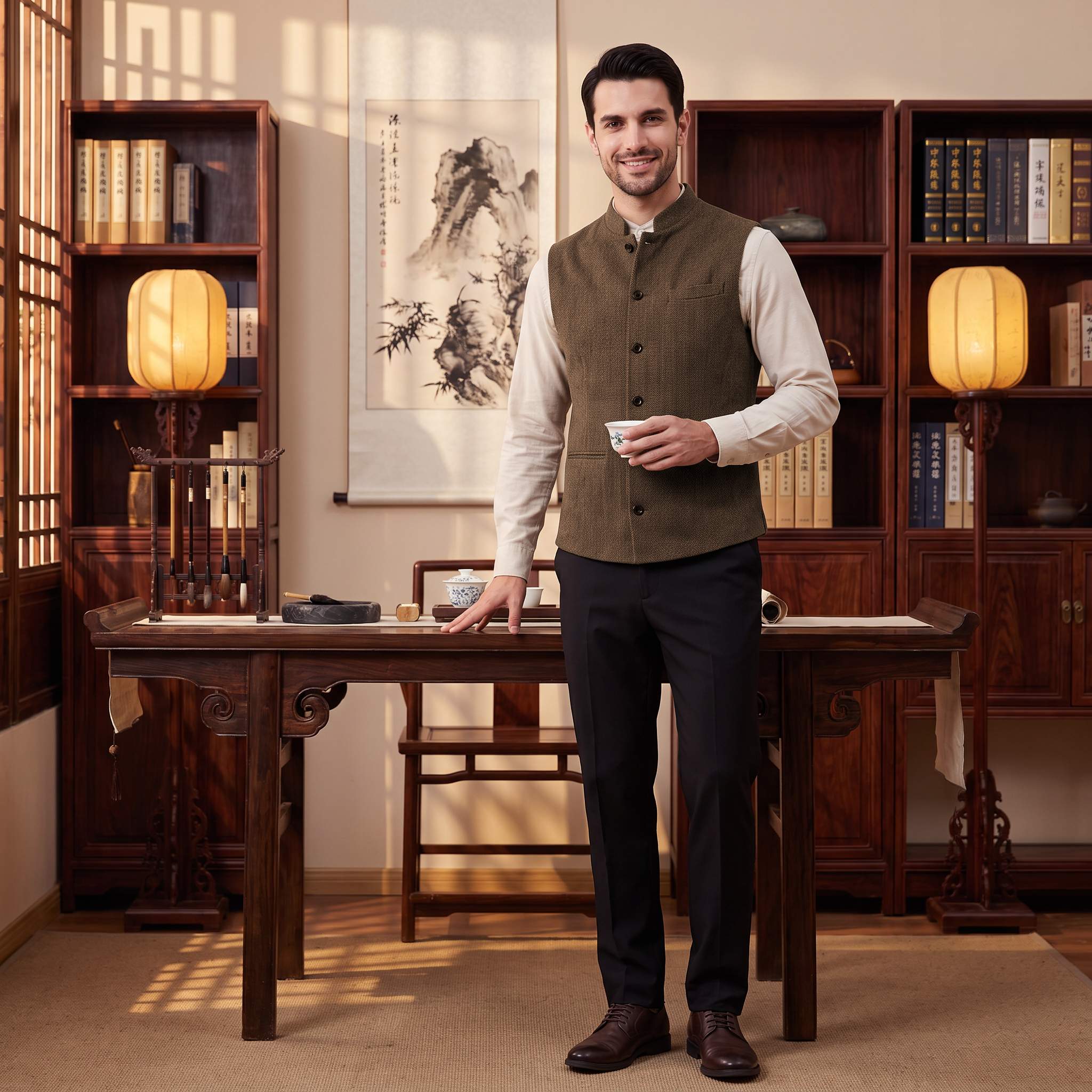 Ceehuteey Men's Herringbone Stand Collar Waistcoat