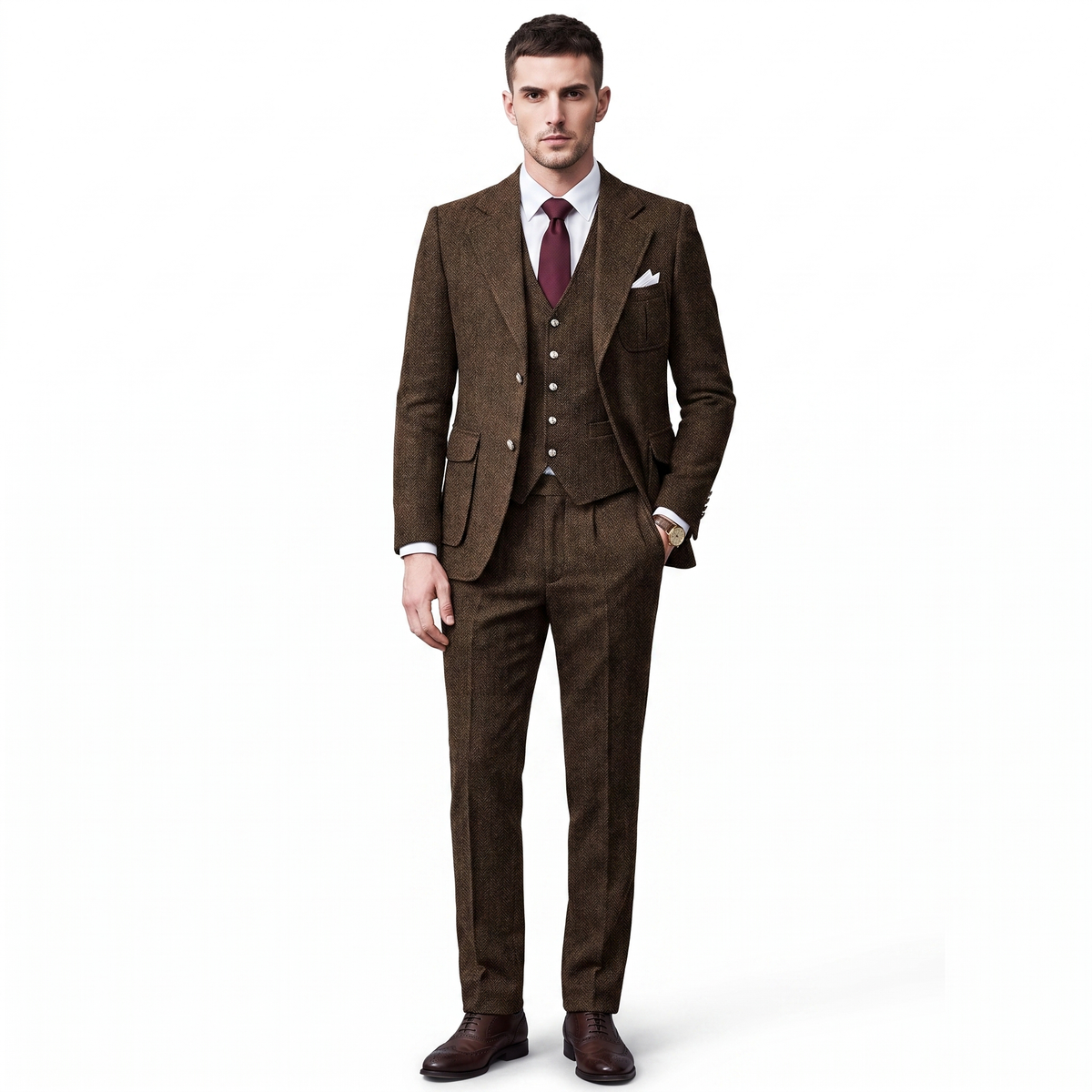 Ceehuteey Men's 3 Pieces Classic Herringbone Tweed Notch Lapel Suits (Blazer+Vest+Pants)