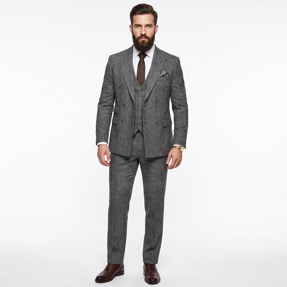Ceehuteey Men's 3 Pieces Suit Classic Herringbone Tweed Peak Lapel Gent Suits (Blazer+Vest+Pants)