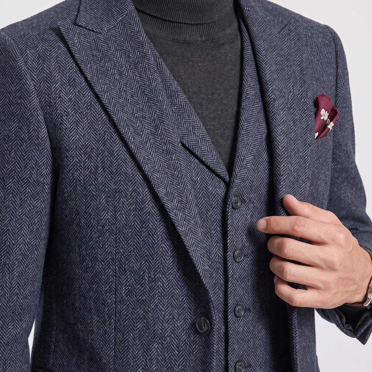Ceehuteey Classic Men's 3 Pieces Peak Lapel Herringbone Suit (Blazer+Vest+Pants)