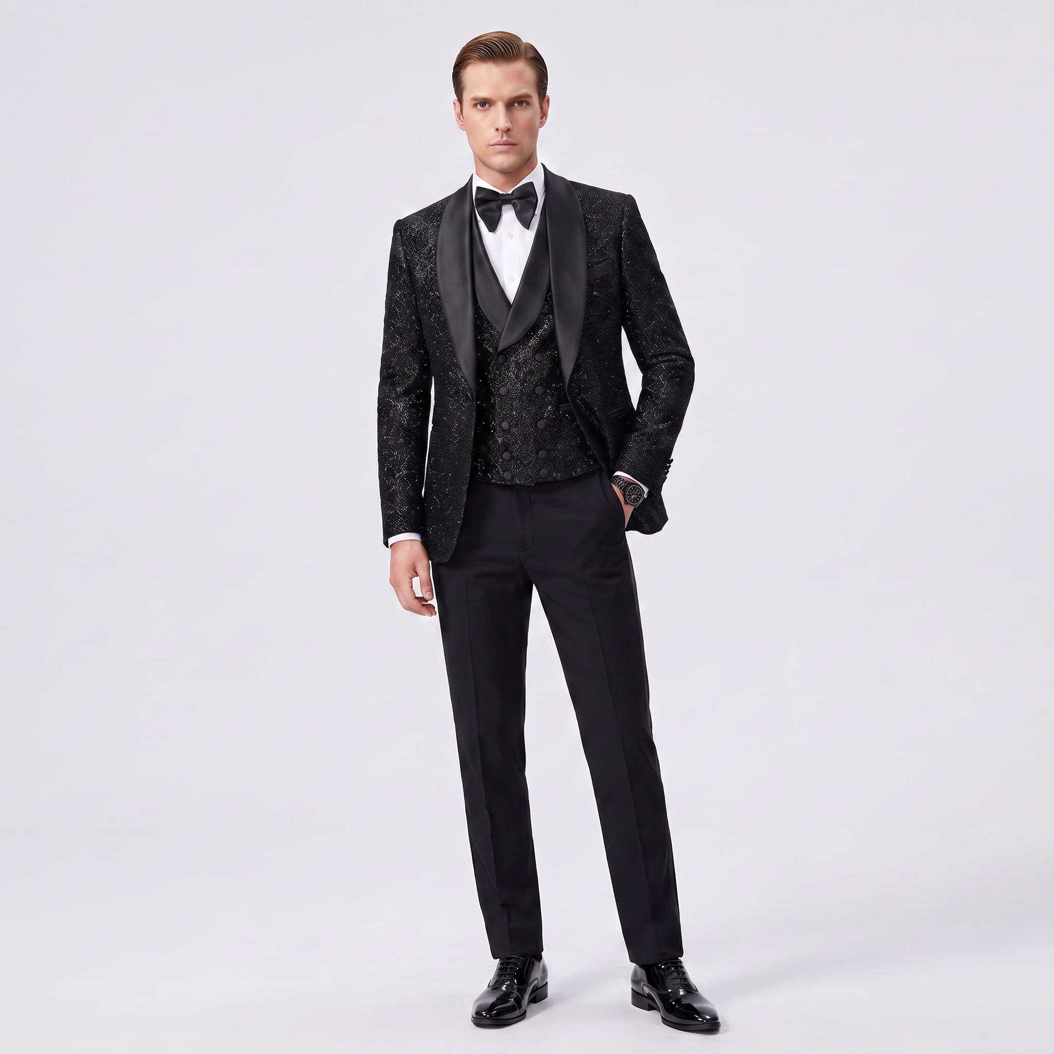Ceehuteey Men's Shiny Sequins 3 Pieces Shawl Lapel Men's Suit  (Blazer + Vest + Pants)