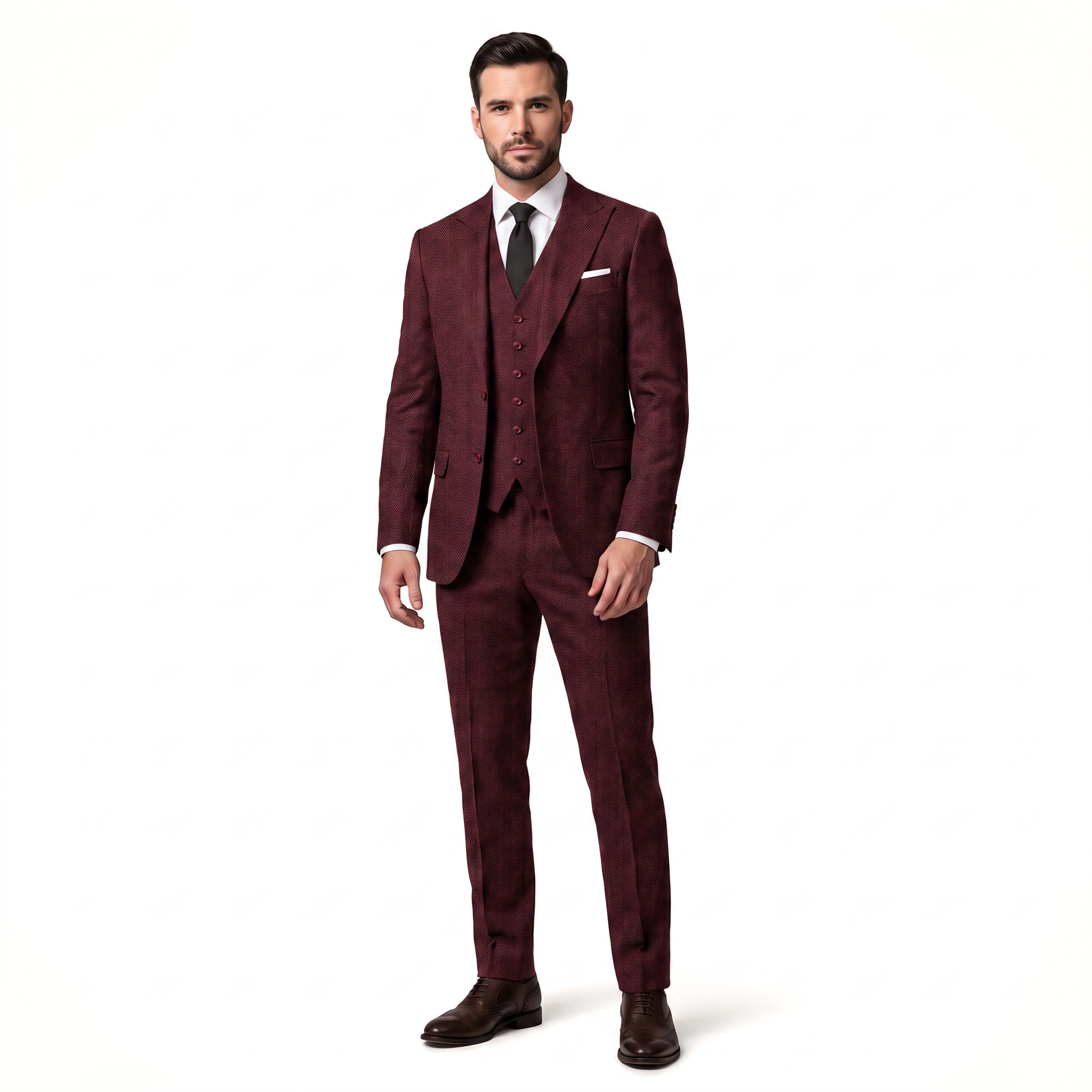 Ceehuteey Classic 3 Pieces Men's Suit Herringbone Peak Lapel Suit(Blazer+vest+Pants)