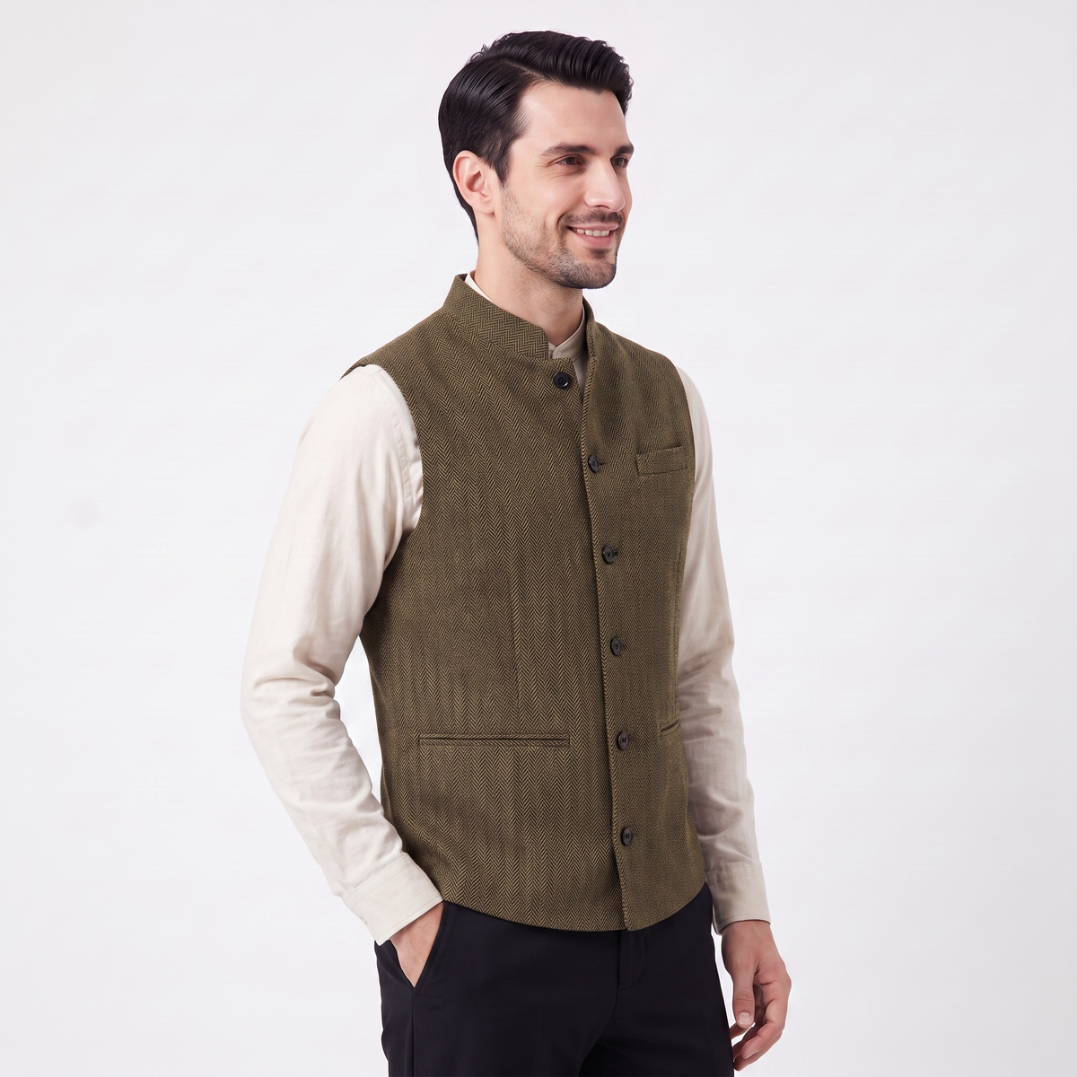 Ceehuteey Men's Herringbone Stand Collar Waistcoat