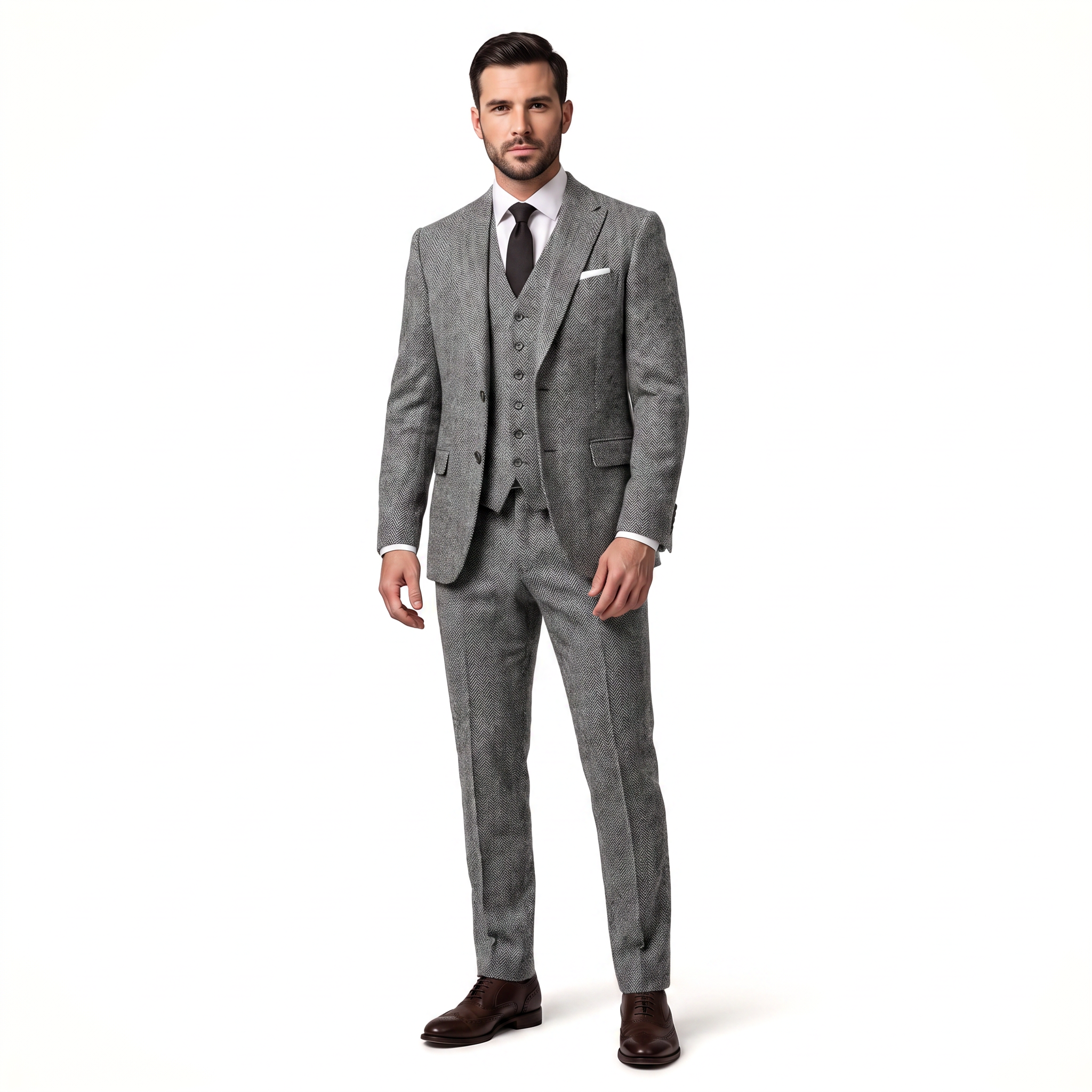 Ceehuteey Classic 3 Pieces Men's Suit Herringbone Peak Lapel Suit(Blazer+vest+Pants)