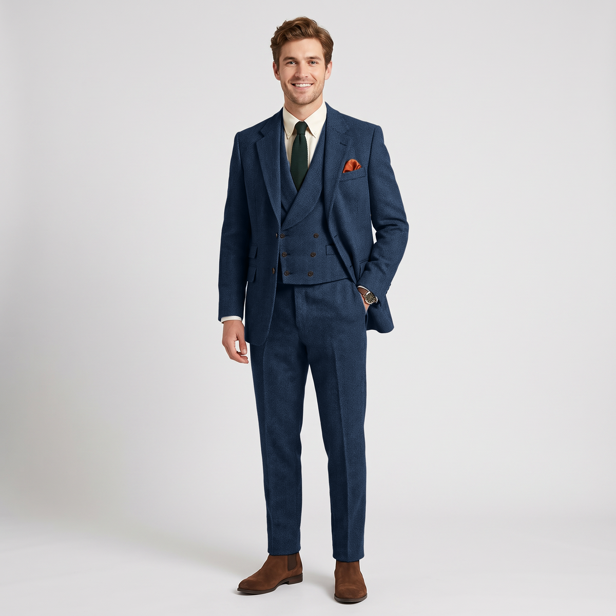 Ceehuteey 3 Pieces Men's Herringbone Notch Lapel Suit for Men (Blazer+Vest+Pants)