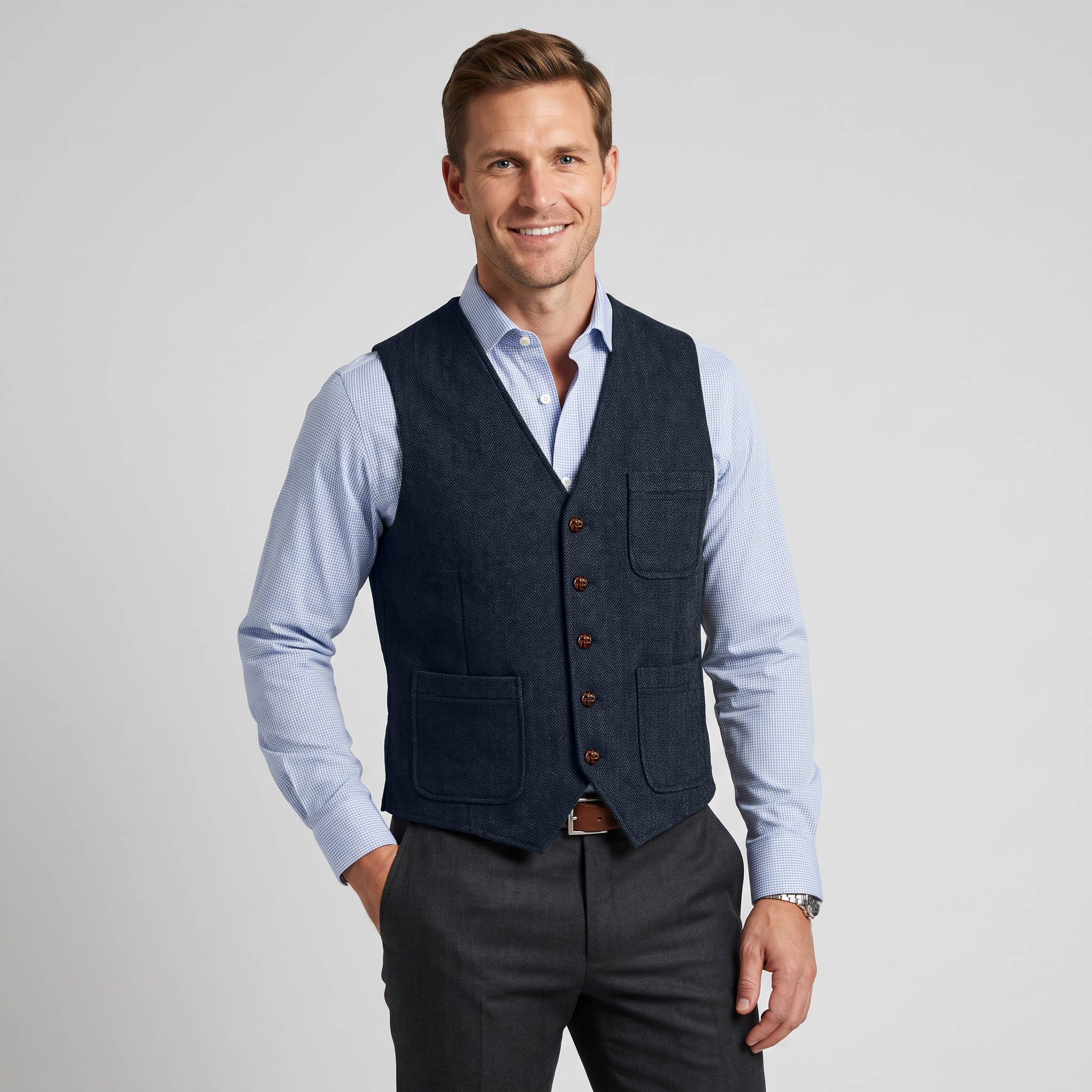 Ceehuteey Men's Tweed Herringbone V Neck Waistcoat