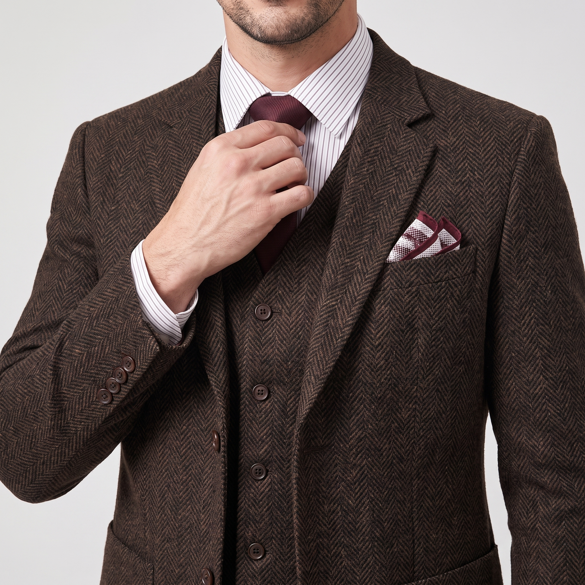 Ceehuteey 3 Pieces Men's Suit Herringbone Flat Notch Lapel Suit (Blazer+Vest+Pants)