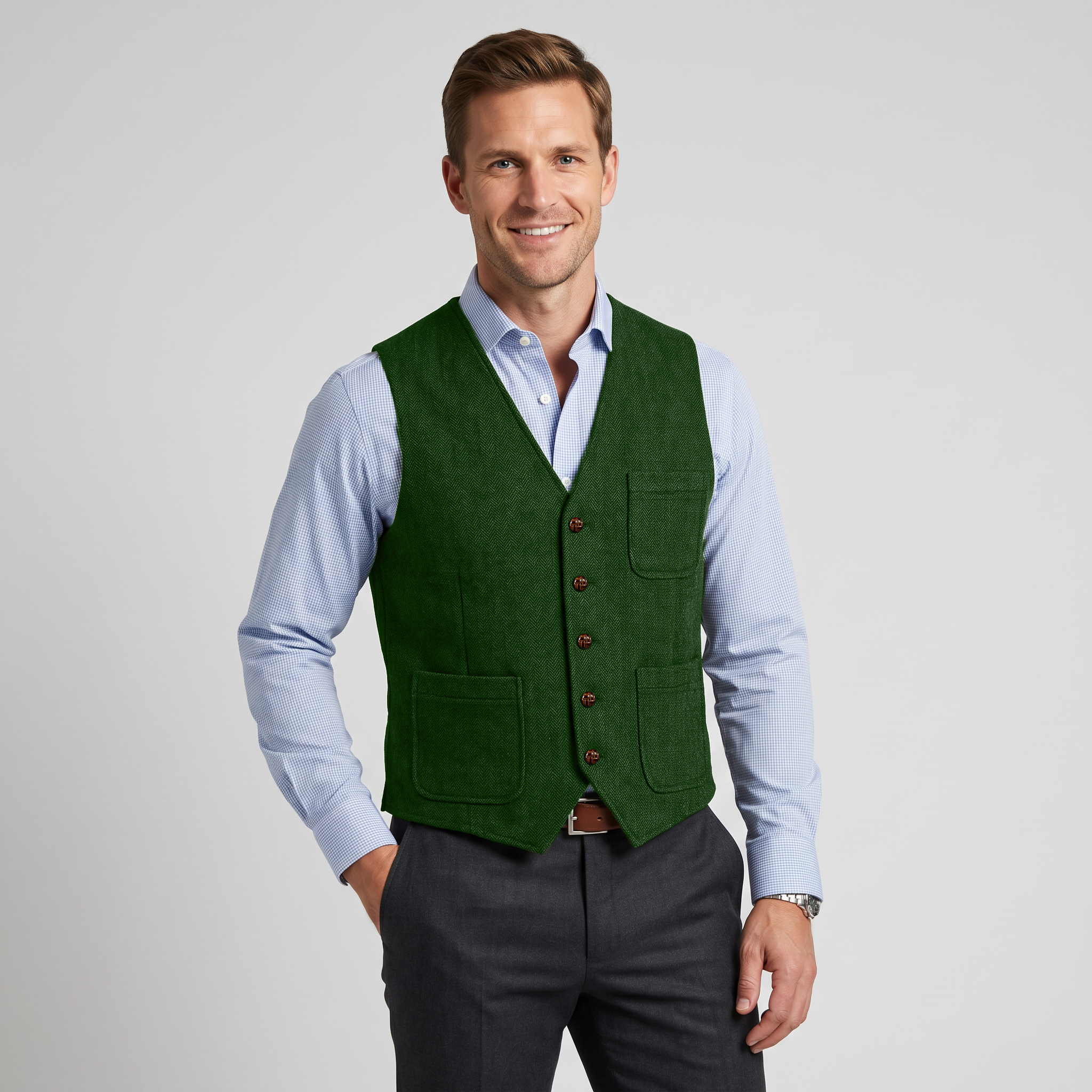 Ceehuteey Men's Tweed Herringbone V Neck Waistcoat