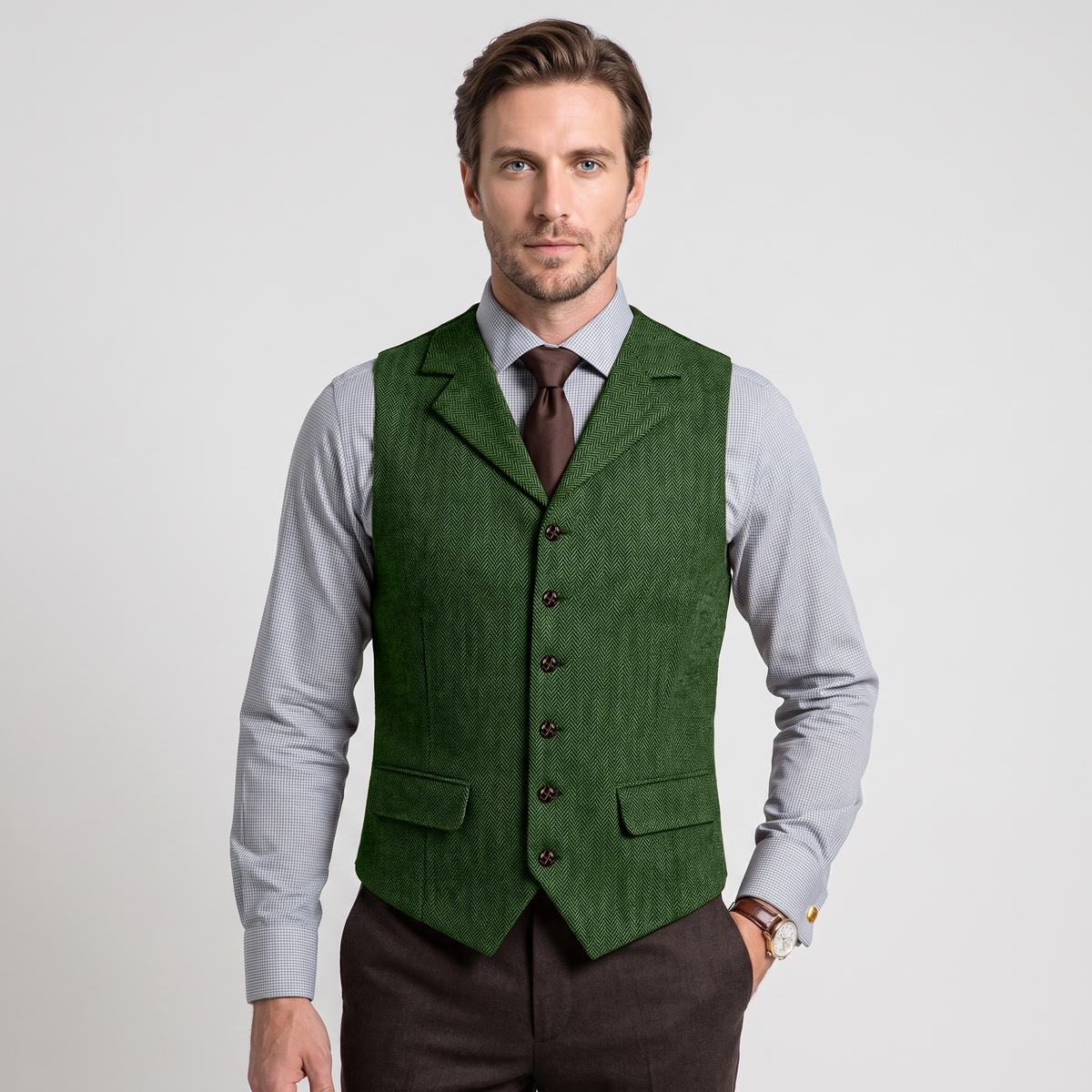 Ceehuteey Men's Classic vintage Vest Tweed Herringbone Notch Lapel Waistcoat