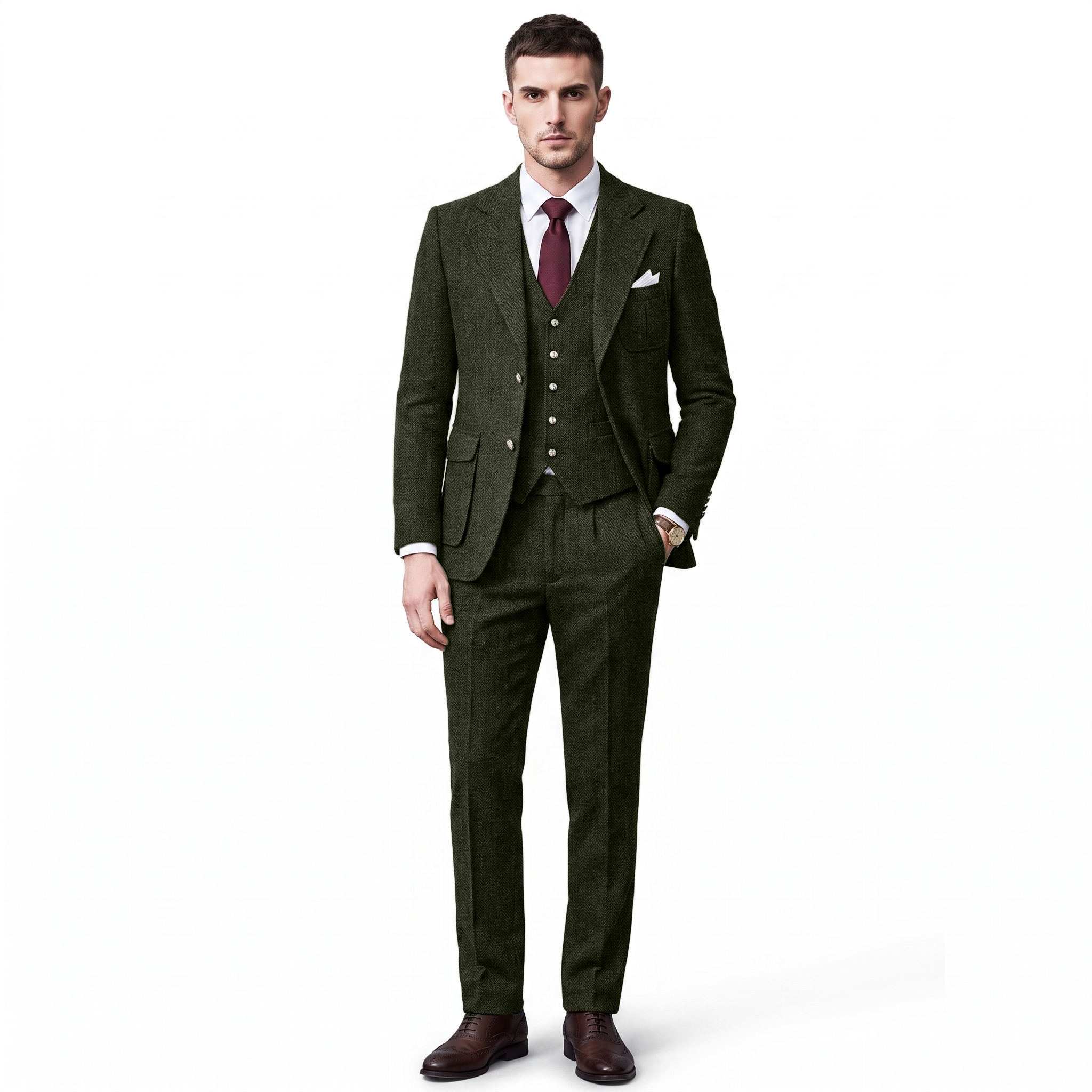 Ceehuteey Men's 3 Pieces Classic Herringbone Tweed Notch Lapel Suits (Blazer+Vest+Pants)