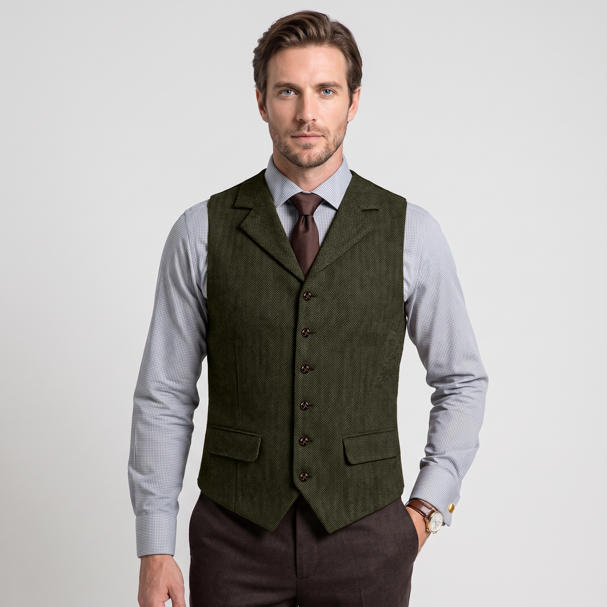 Ceehuteey Men's Classic vintage Vest Tweed Herringbone Notch Lapel Waistcoat