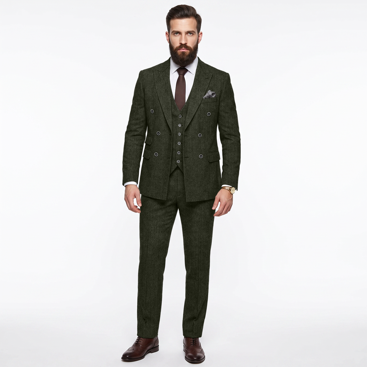Ceehuteey Men's 3 Pieces Suit Classic Herringbone Tweed Peak Lapel Gent Suits (Blazer+Vest+Pants)