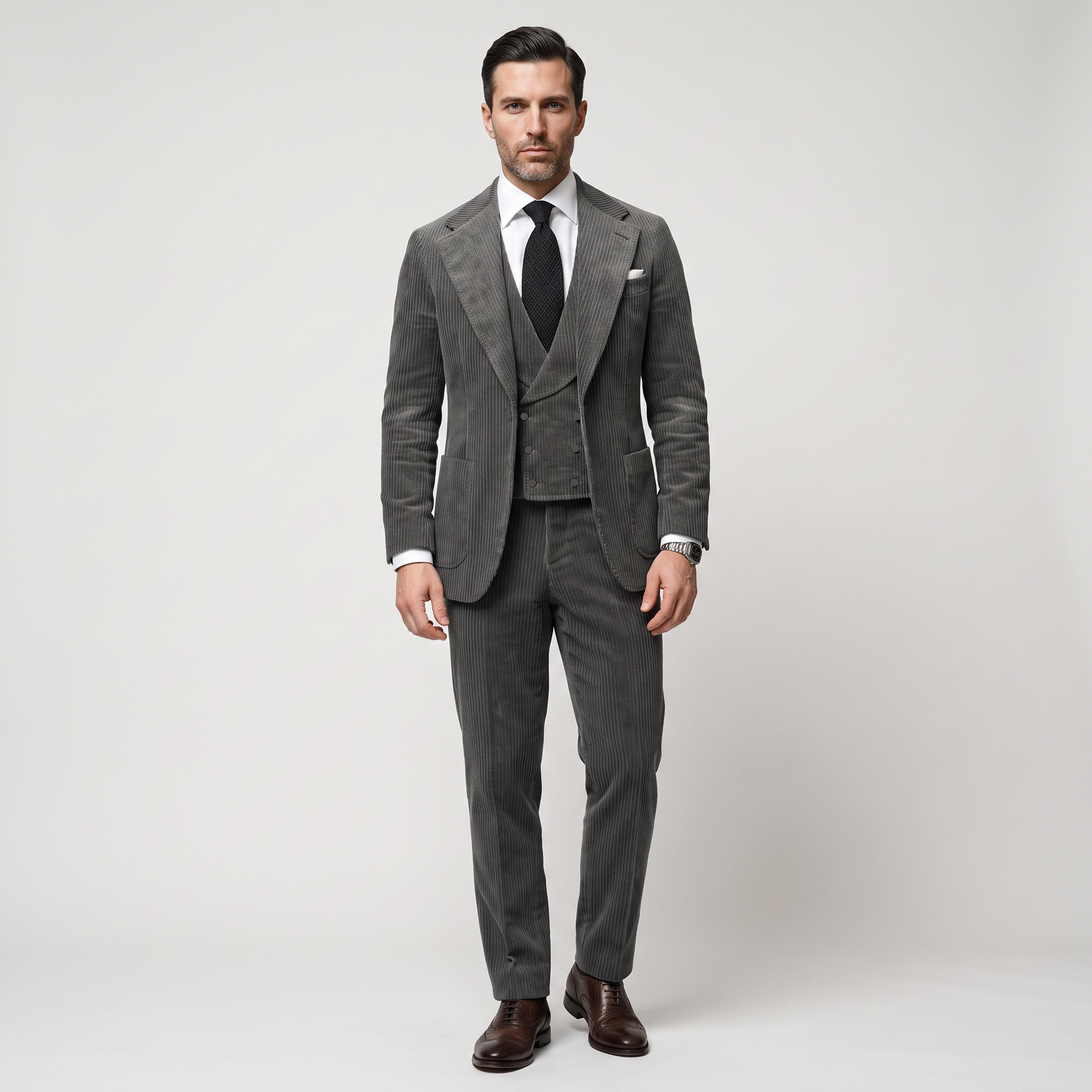 Ceehuteey Corduroy Men's Suit Solid 3 Pieces Notch Lapel Suit (Blazer+Vest+Pants)