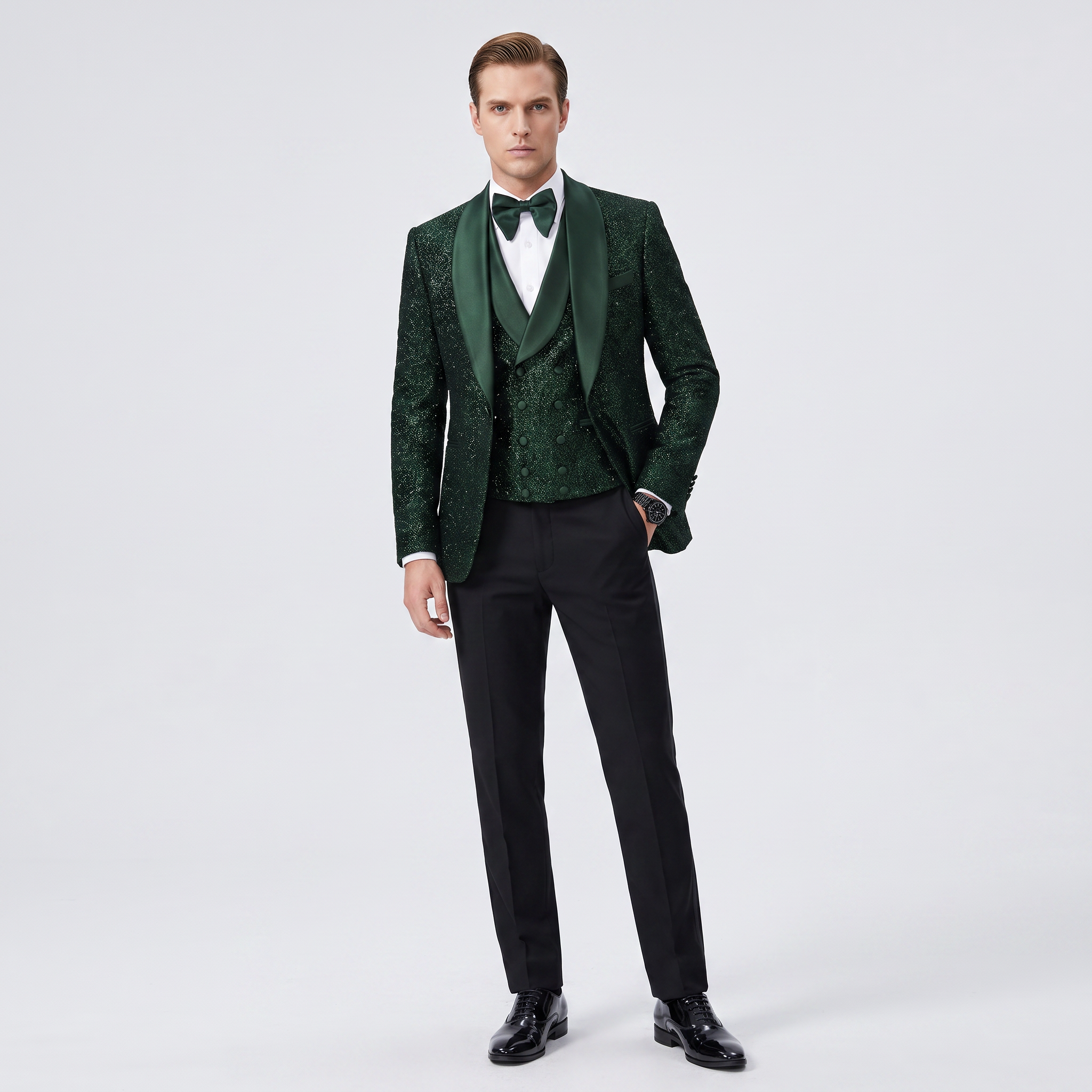 Ceehuteey Men's Shiny Sequins 3 Pieces Shawl Lapel Men's Suit  (Blazer + Vest + Pants)