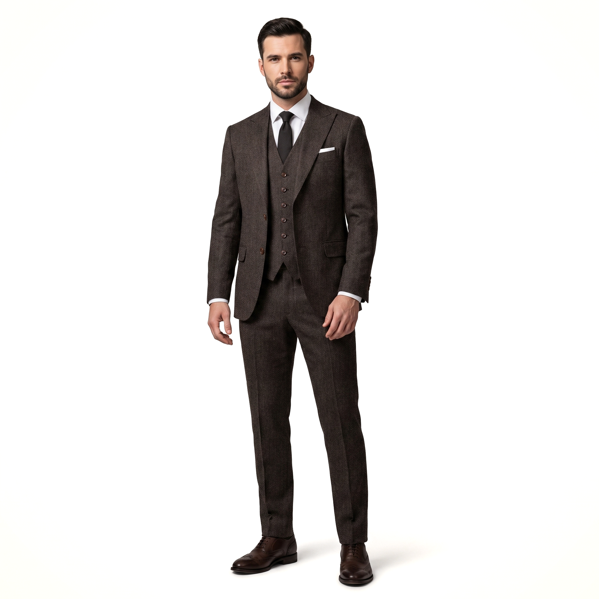 Ceehuteey Classic 3 Pieces Men's Suit Herringbone Peak Lapel Suit(Blazer+vest+Pants)
