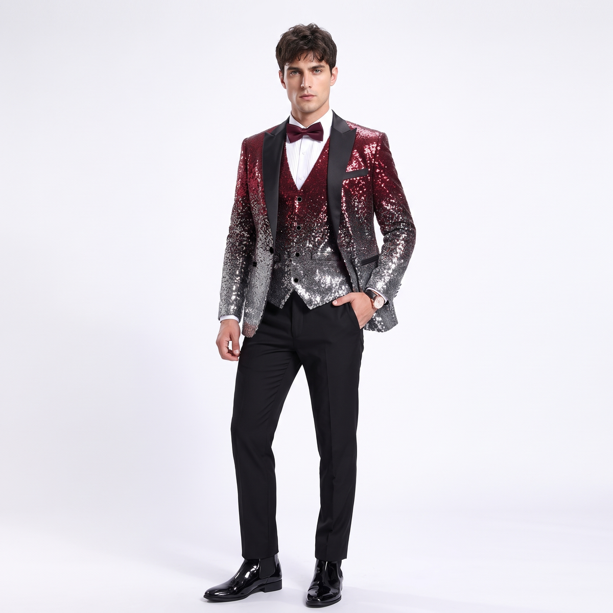 Ceehuteey Men's Shiny Sequins 3 Piece Suit Blazer One Button Prom (Blazer + Vest + Pants)