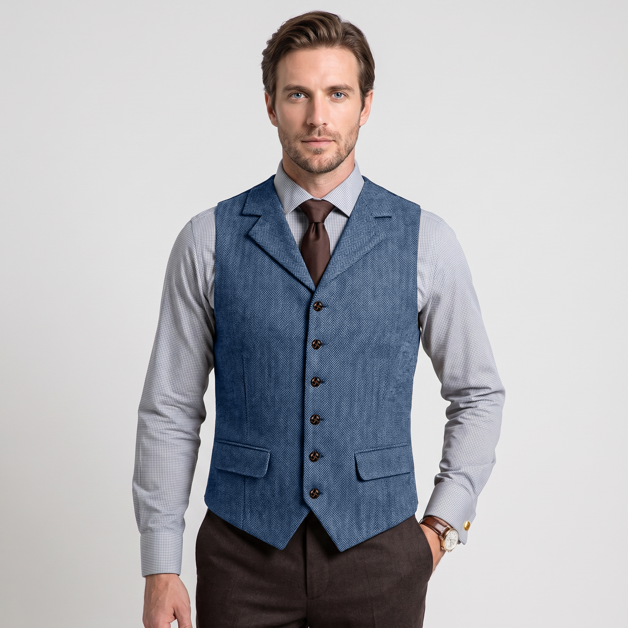 Ceehuteey Men's Classic vintage Vest Tweed Herringbone Notch Lapel Waistcoat