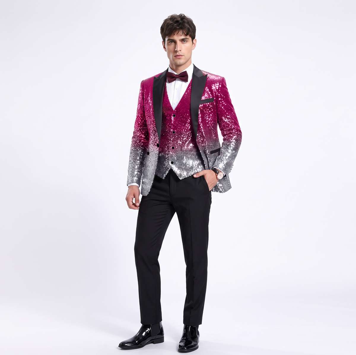 Ceehuteey Men's Shiny Sequins 3 Piece Suit Blazer One Button Prom (Blazer + Vest + Pants)