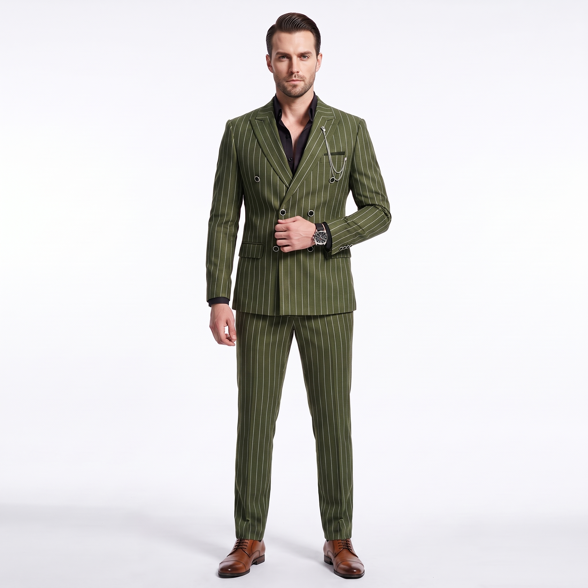 Ceehuteey Men's 2 Pieces Pinstripe Suit Peak Lapel Striped Suits (Blazer+Pants)