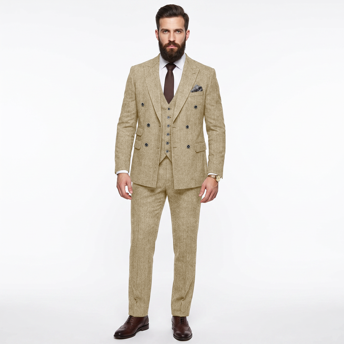 Ceehuteey Men's 3 Pieces Suit Classic Herringbone Tweed Peak Lapel Gent Suits (Blazer+Vest+Pants)