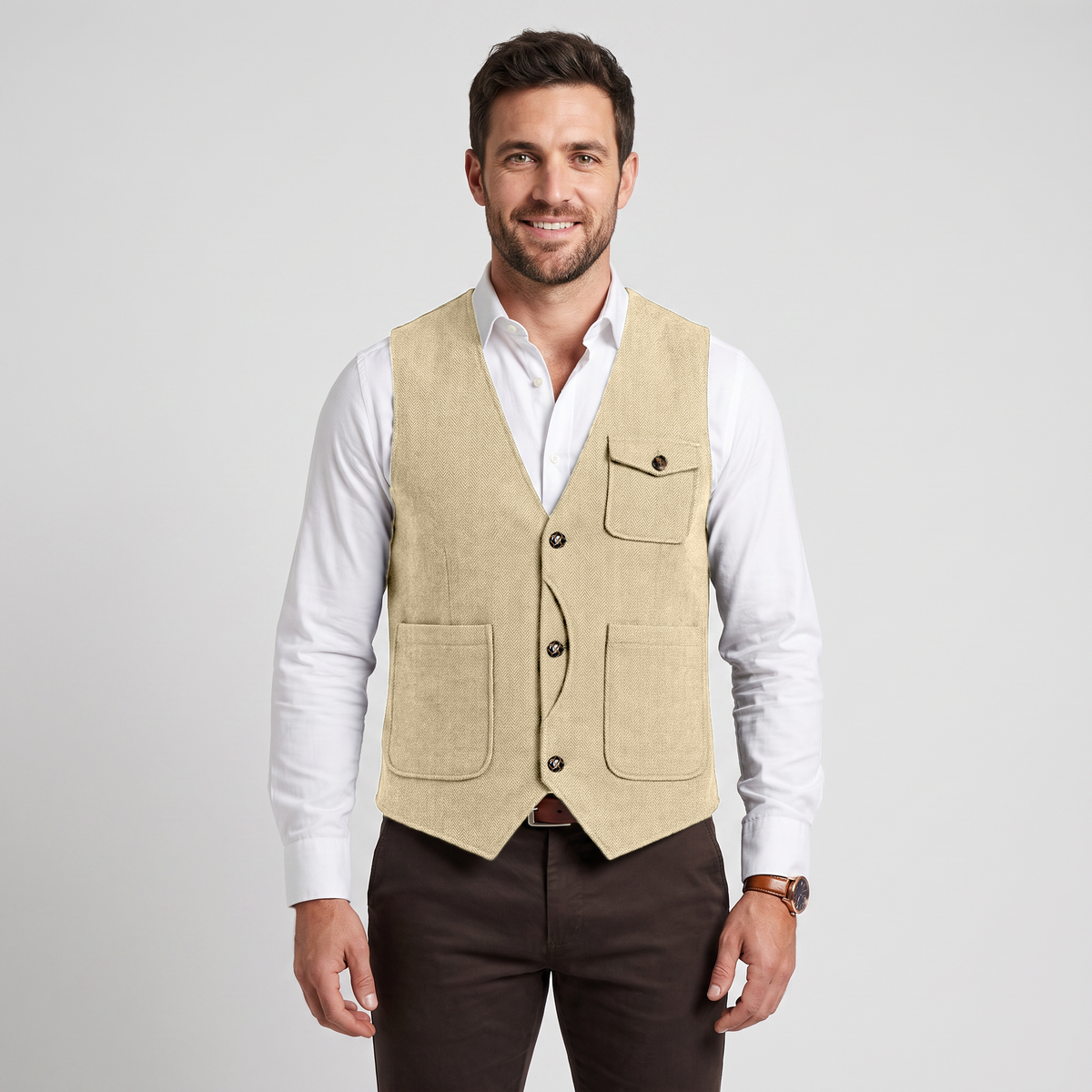 Ceehuteey Men‘s Causual V Neck Tweed Herringbone Waistcoat