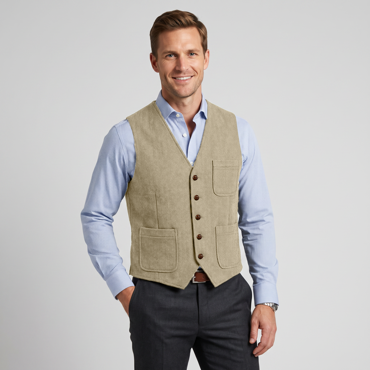 Ceehuteey Men's Tweed Herringbone V Neck Waistcoat