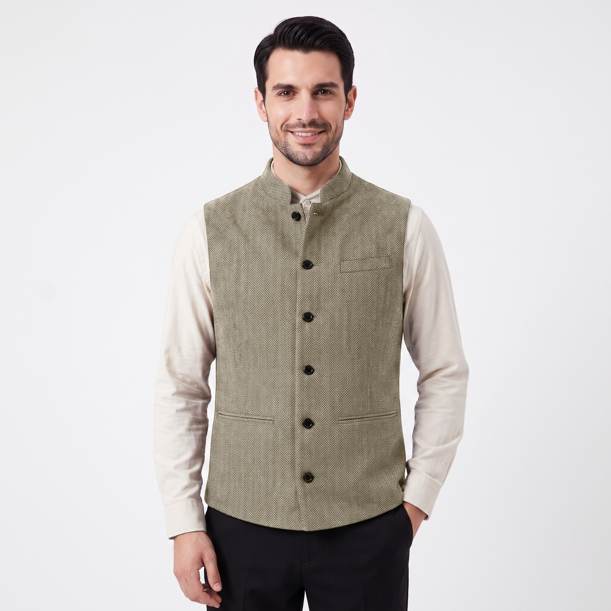 Ceehuteey Men's Herringbone Stand Collar Waistcoat