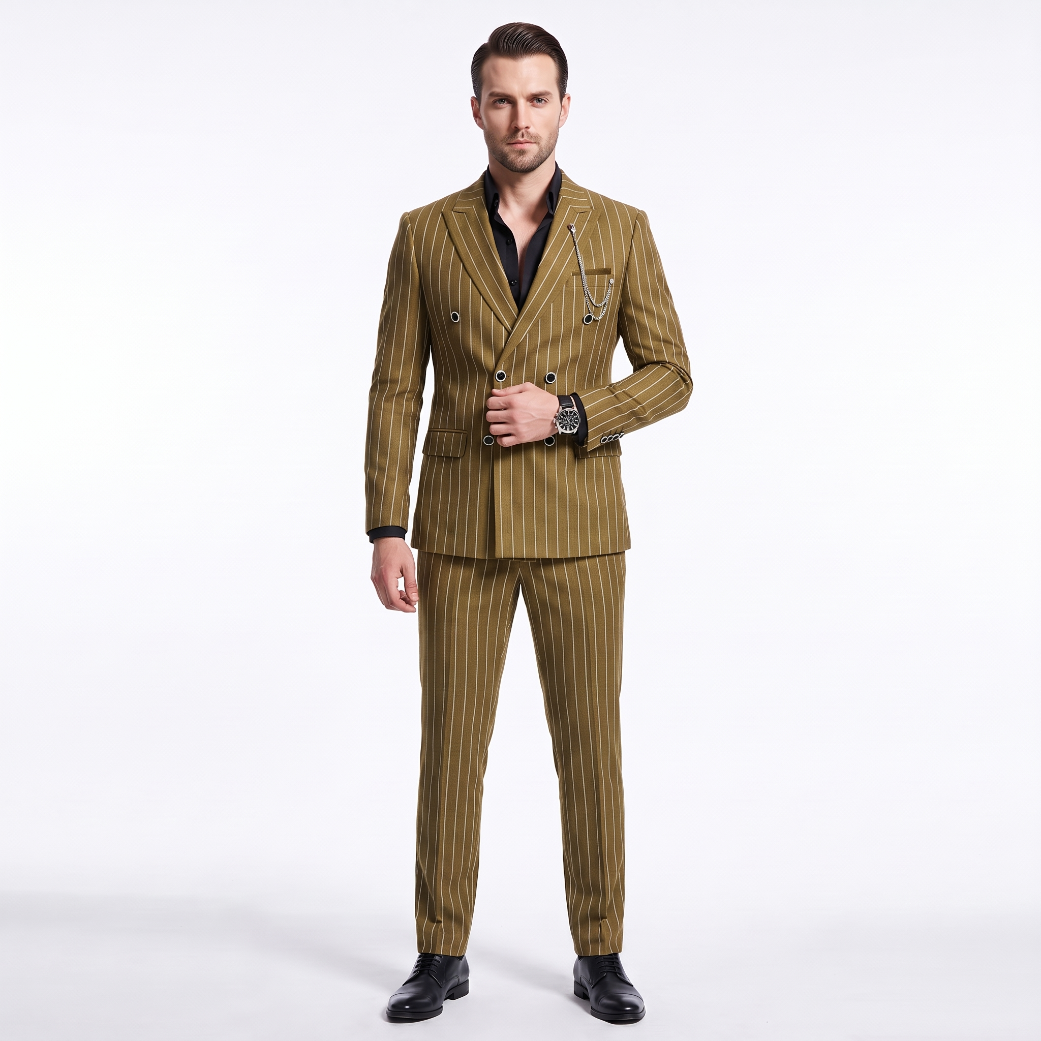 Ceehuteey Men's 2 Pieces Pinstripe Suit Peak Lapel Striped Suits (Blazer+Pants)