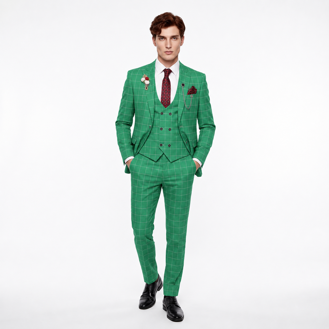 Ceehuteey Casual 3 Pieces Plaid Peak Lapel Men's Suits (Blazer+Vest+Pants)