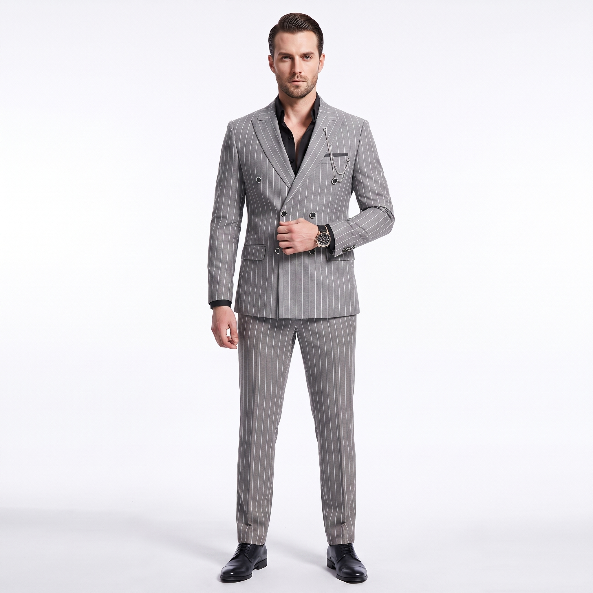 Ceehuteey Men's 2 Pieces Pinstripe Suit Peak Lapel Striped Suits (Blazer+Pants)