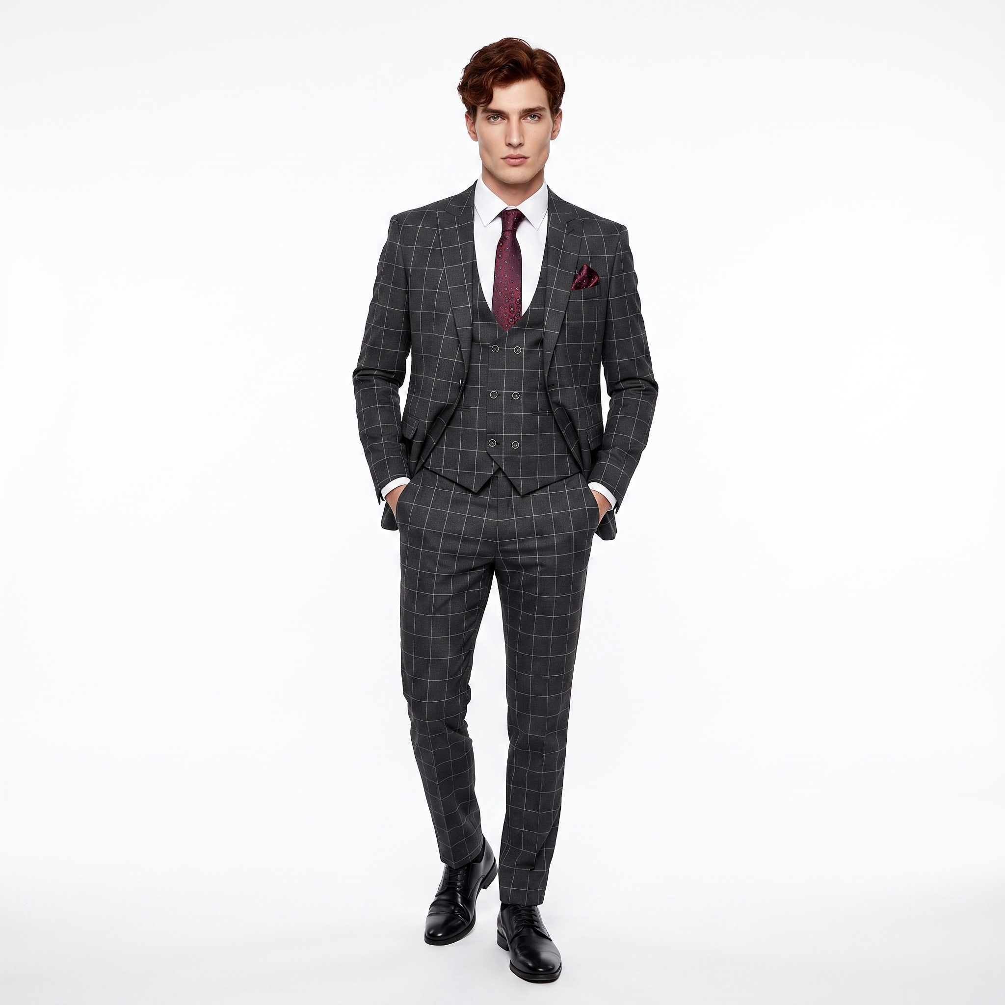 Ceehuteey Casual 3 Pieces Plaid Peak Lapel Men's Suits (Blazer+Vest+Pants)