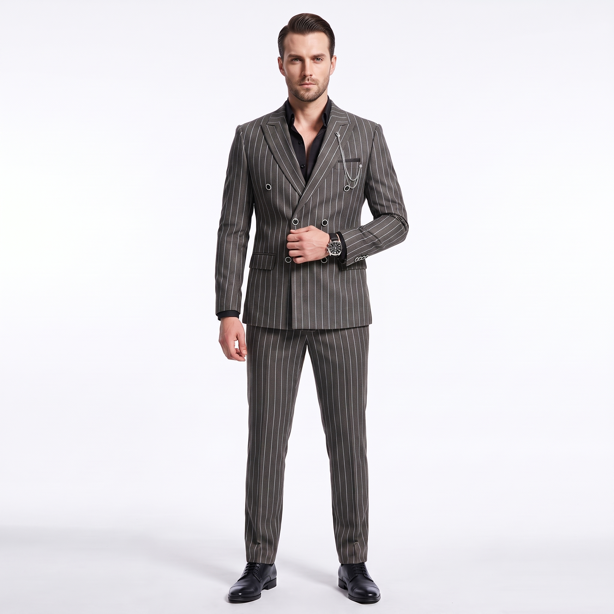 Ceehuteey Men's 2 Pieces Pinstripe Suit Peak Lapel Striped Suits (Blazer+Pants)