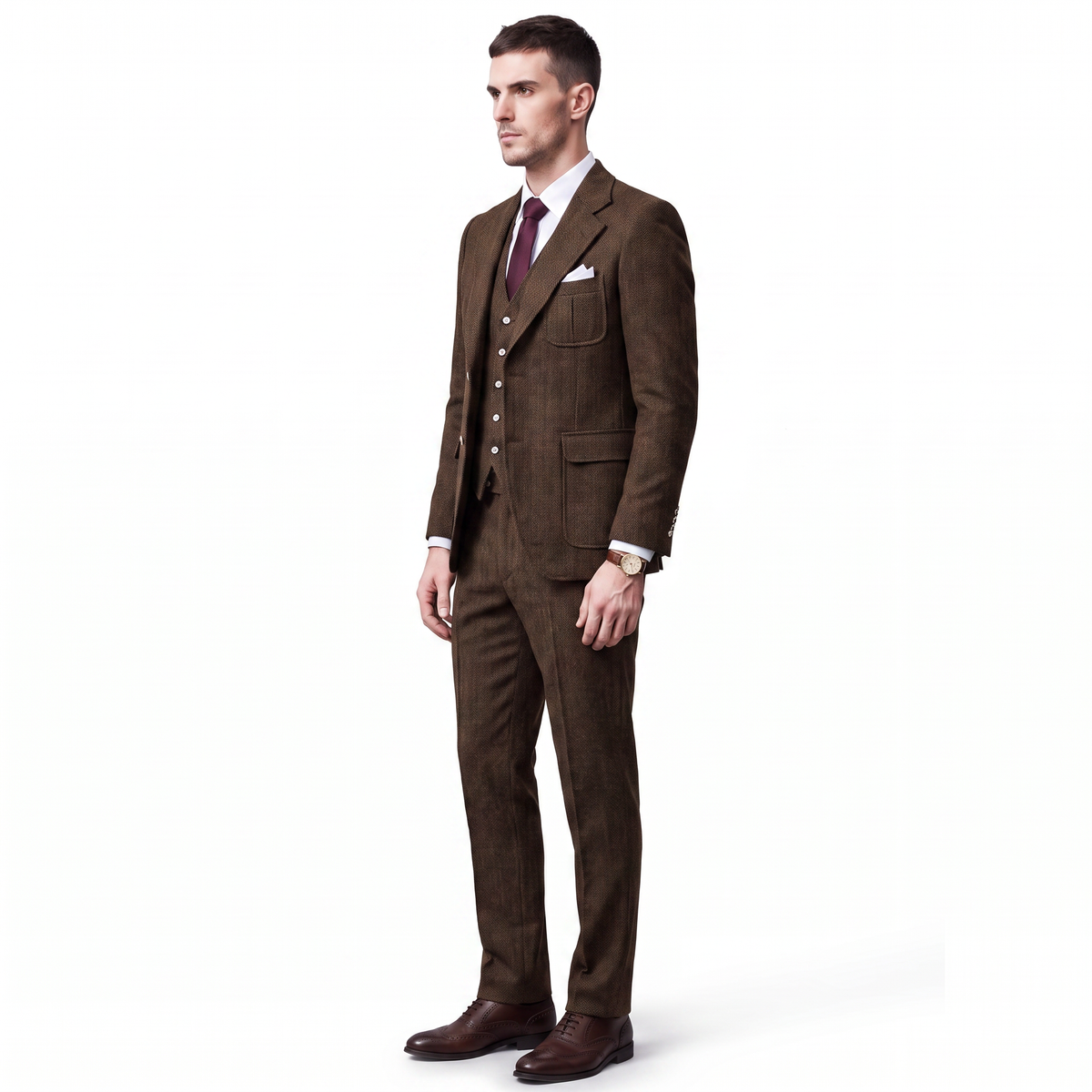 Ceehuteey Men's 3 Pieces Classic Herringbone Tweed Notch Lapel Suits (Blazer+Vest+Pants)