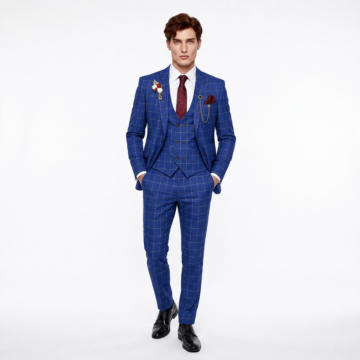 Ceehuteey Casual 3 Pieces Plaid Peak Lapel Men's Suits (Blazer+Vest+Pants)